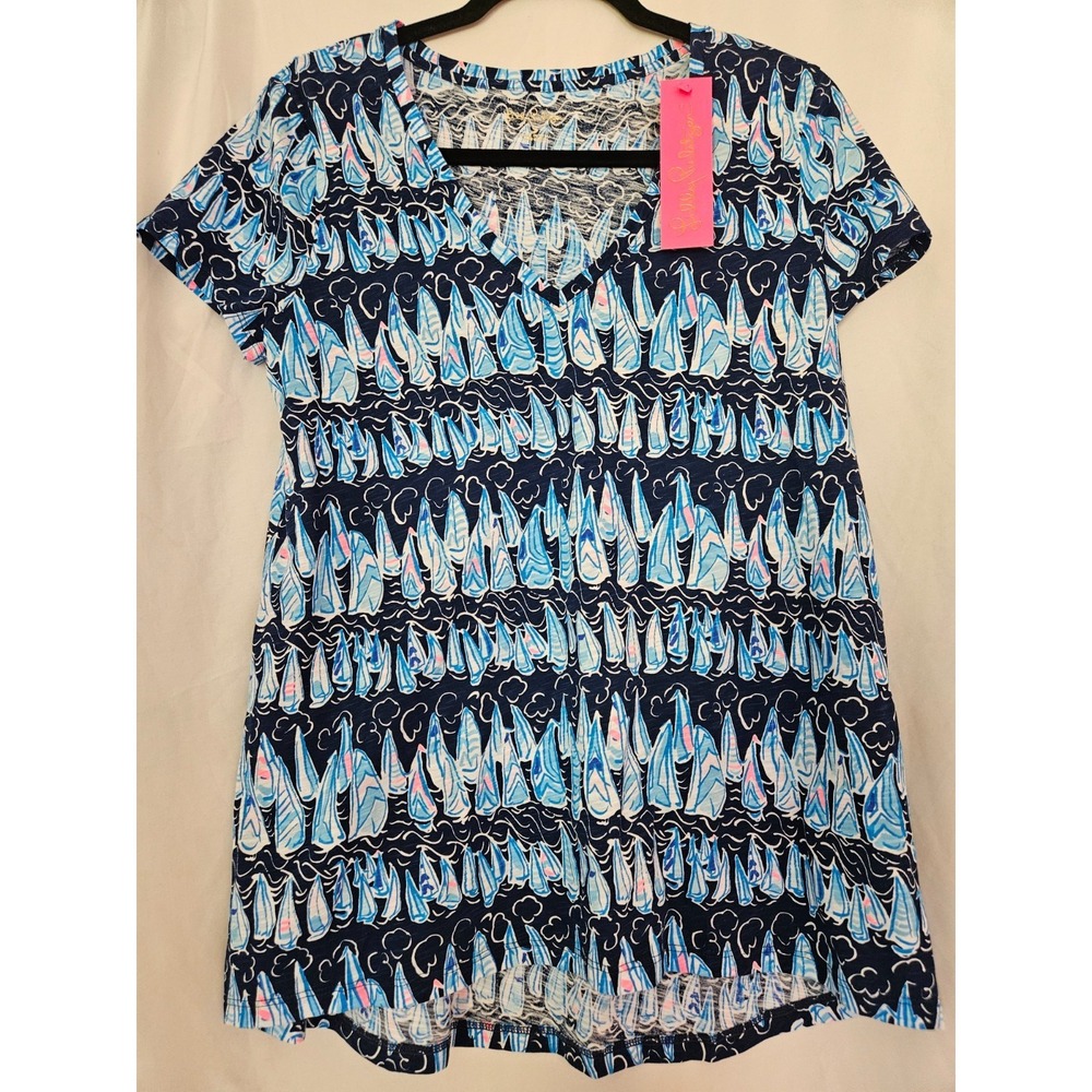 LILLY PULITZER NAVY BLUE SAILS AND STRIPES V-NECK ETTA T-SHIRT TOP S NWT $48